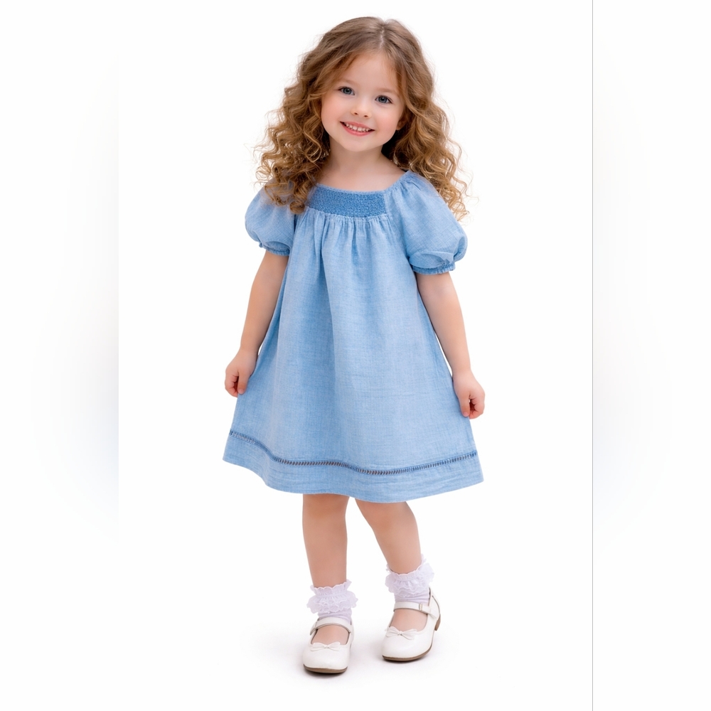 Polo Ralph Lauren Girls Dress Blue Smocked Short Sleeve Cotton Size 5
